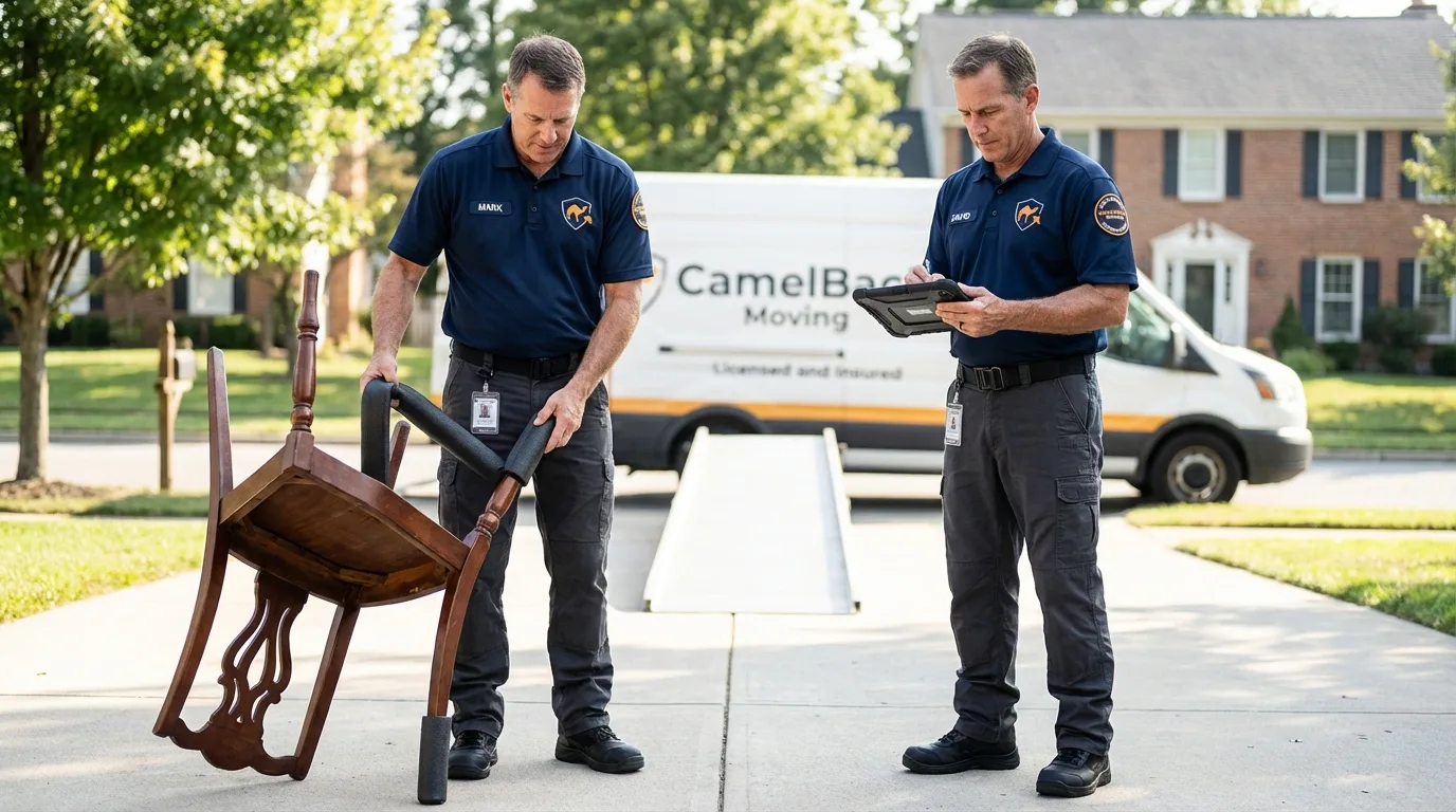 Movers inspecting furniture for damage prevention before loading in Black Creek, WI