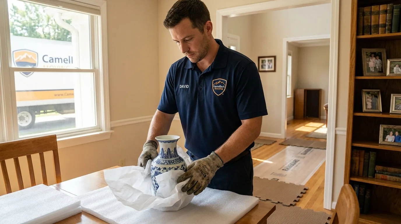 Professional crew carefully wrapping antique vase for senior downsizing move in Black Creek, WI